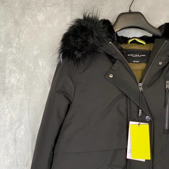 Marc New York By Andrew Marc Women's Black Faux-Fur-Trim Carina Parka jacket SZM - Picture 4 of 11